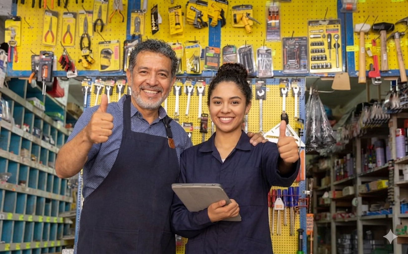 Equipo de ferretería con tablet frente a pared de herramientas