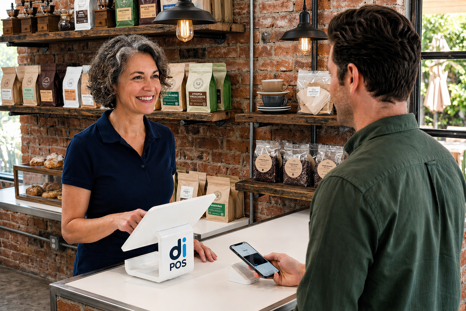 Caja con Dipos: cliente paga con el celular y la vendedora atiende en un local cálido